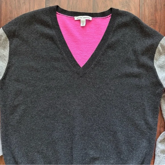Autumn Cashmere 100% Cashmere Colorblock Sweater L Pink Grey Fuzzy Soft Luxury - Picture 5 of 16